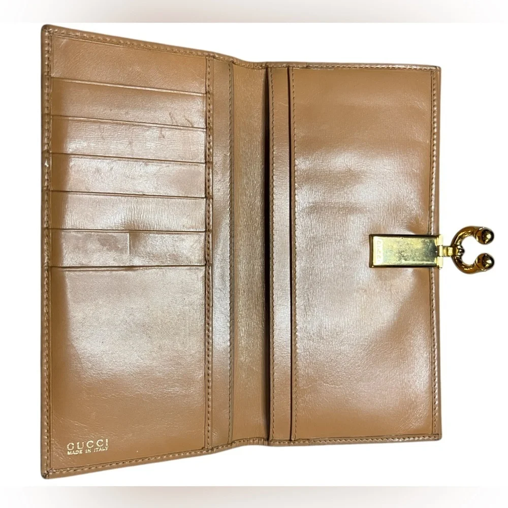 Gucci Vintage Horse Bit Long Wallet Tan Italian Leather Brass Hardware Neutral